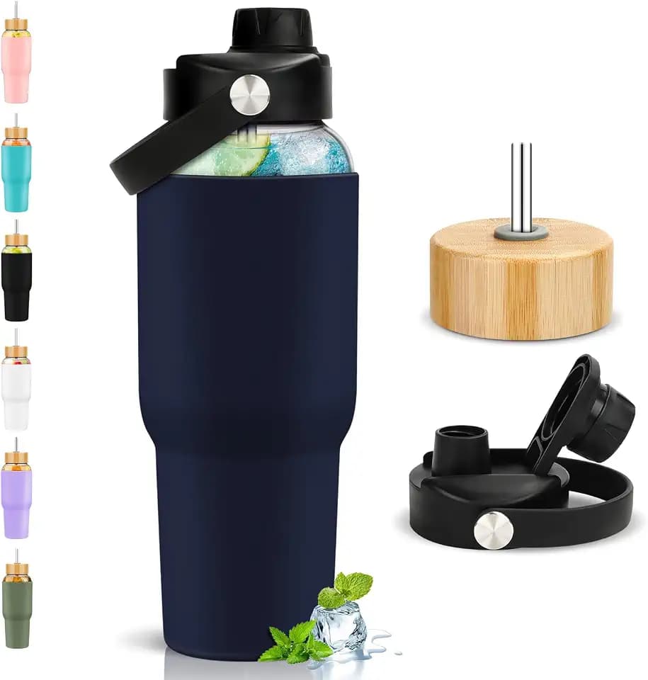 PROBTTL Glass Water Bottles 32 oz, 1 Liter Glass Tumbler, Borosilicate Water Bottle with Straw, Silicone Sleeve, 2 Lids - Handle Spout & Bamboo Straw Lid, Fits Car Cup Holder (Navy Blue)