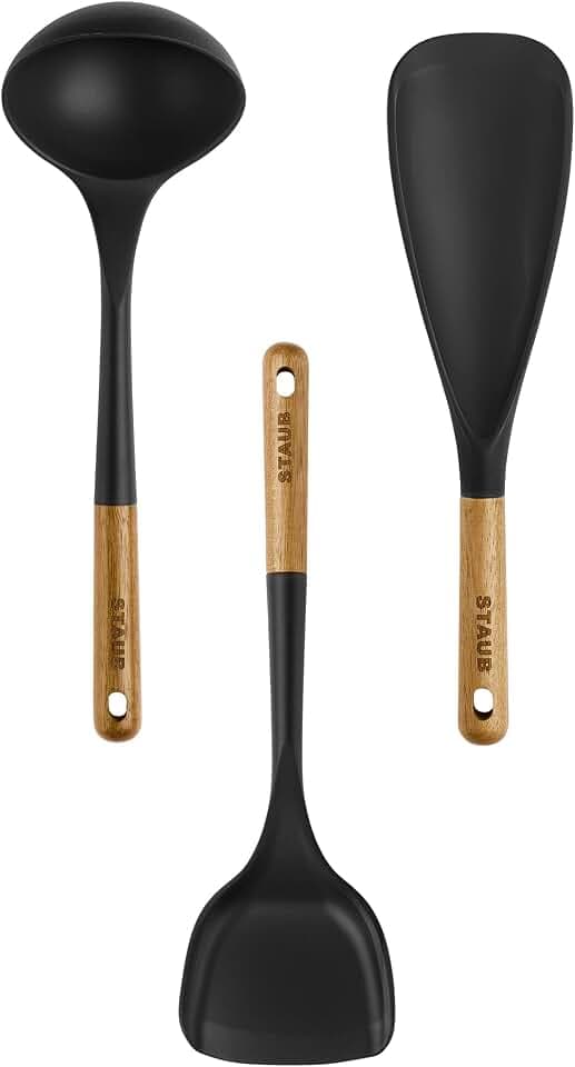 STAUB Silicone with Wood Handle 3-pc Cooking Utensil Set, Matte Black