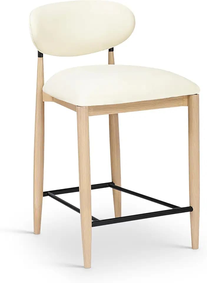 Meridian Furniture 11039Cream-C Riccio Collection Modern | Contemporary Stool with Cream Vegan Leather, Solid Ash Wood, Natural Finish, Matte Black Iron, 20.25" W x 21.25" D x 35.75" H, Cream