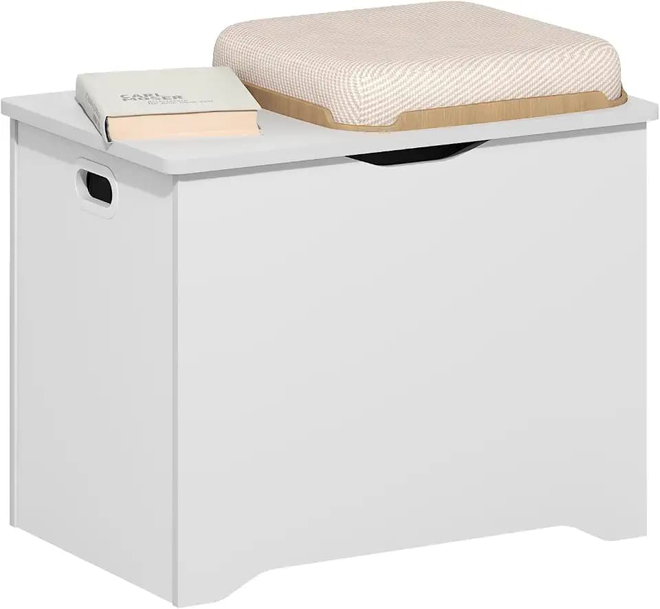 Furinno Basic Storage Chest, Storage Bench with Safety Hinged Soft Closed Lid, Storage Box, 15.6 x 23.6 x 18, for Living Room, Bedroom, Entryway, White