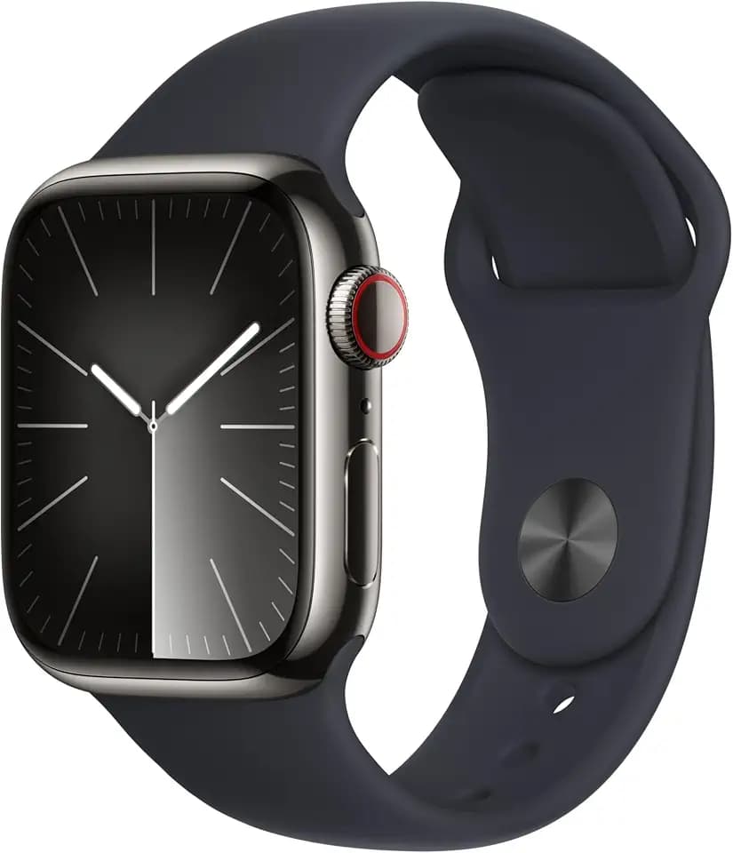 Apple Watch Series 9 (GPS + Cellular, 41 mm) Smartwatch mit Edelstahlgehäuse in Graphit und Sportarmband M/L in Mitternacht. Fitnesstracker, Blutsauerstoff und EKG Apps, Always-On Retina Display