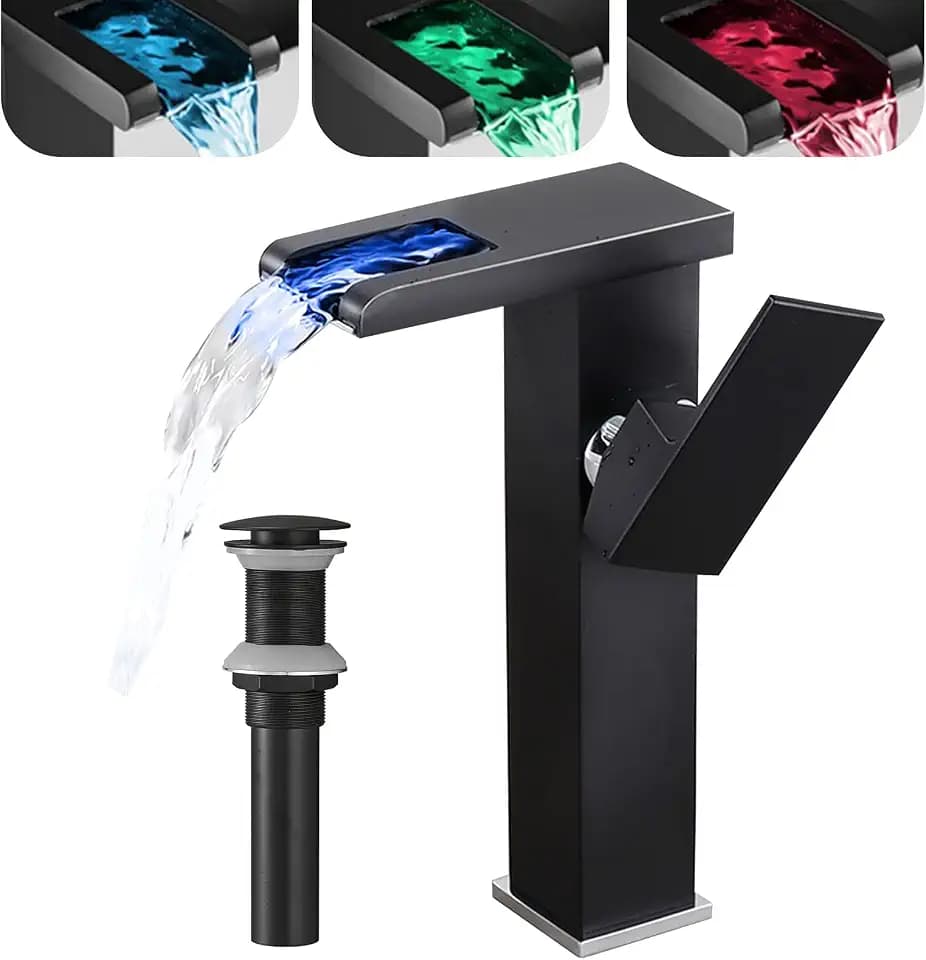 Black Bathroom Vessel Sink Faucet Led Light 3 Color Changing Waterfall