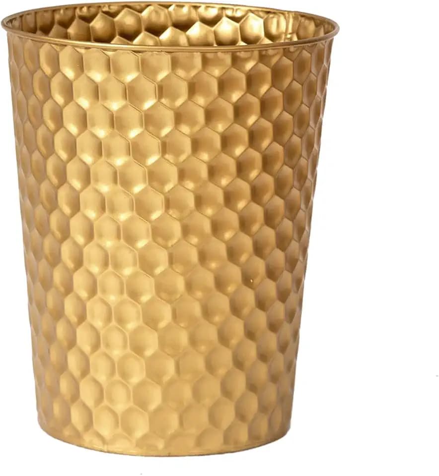 Venalys Small Metal Trash Can Wastebasket, Decorative Honeycomb Garbage Can Waste Basket, Modern Farmhouse Round Trash Bin for Bathroom, Bedroom, Kitchen and Office (Gold)
