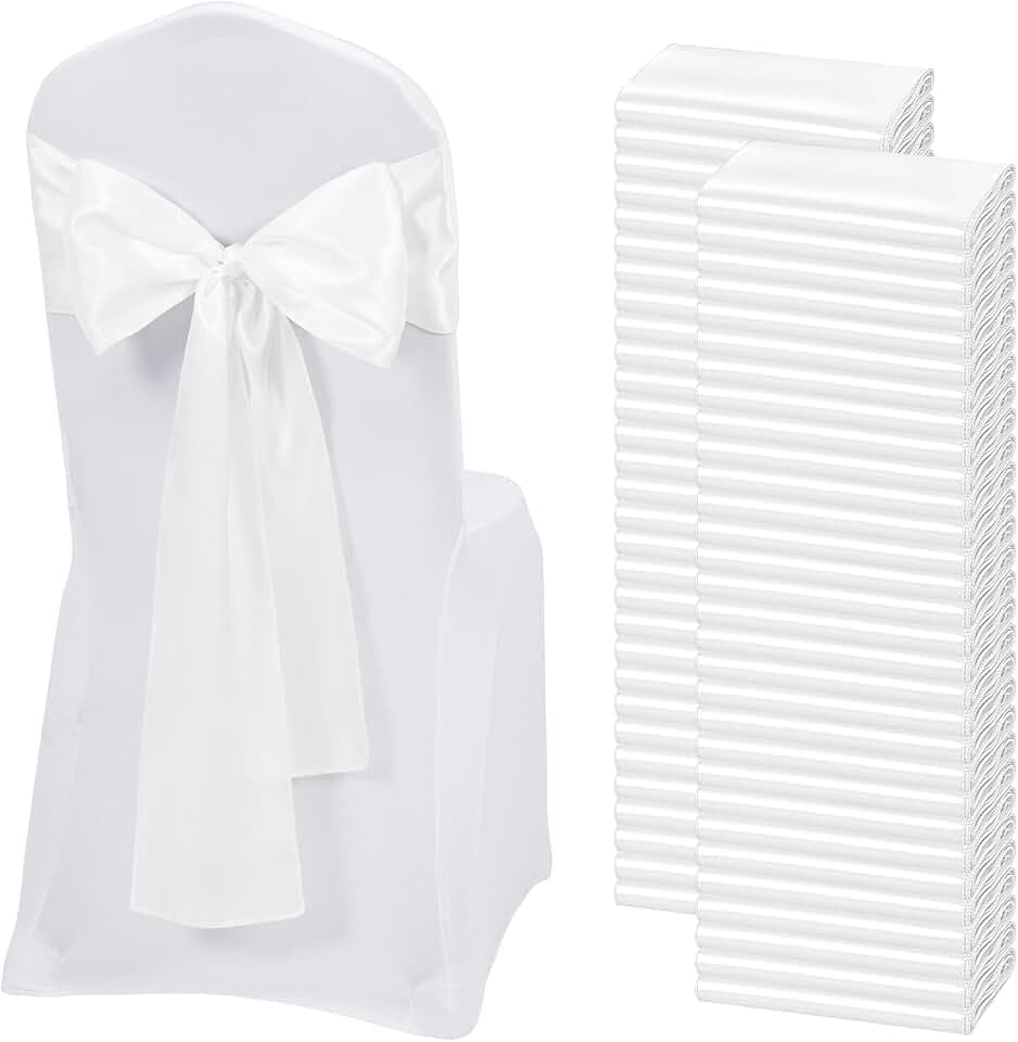 60 PCS White Satin Chair Sashes, 7 x 108 Inch