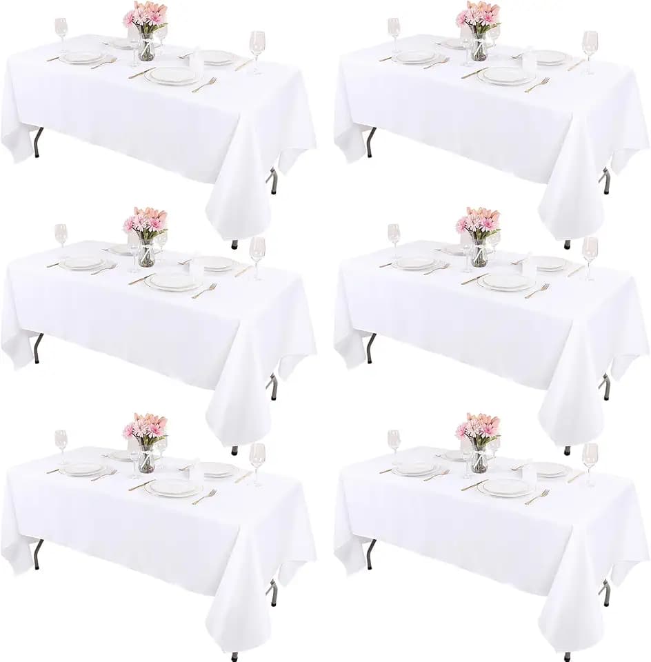 Kesfey 6 Packs White Table Cloths Rectangle 70 x120 inch Washable Polyester Fabric White Tablecloths for 6-8 Ft Tables Stain and Wrinkle Resistant Reusable Table Covers for Parties Wedding Banquet