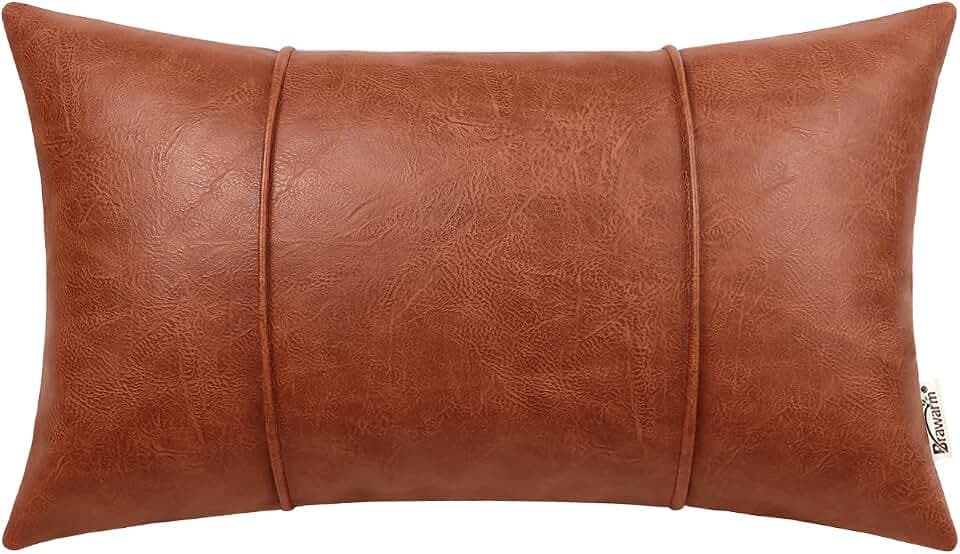 BRAWARM Faux Leather Throw Pillow Cover 12x20, Cognac, 1 Pack