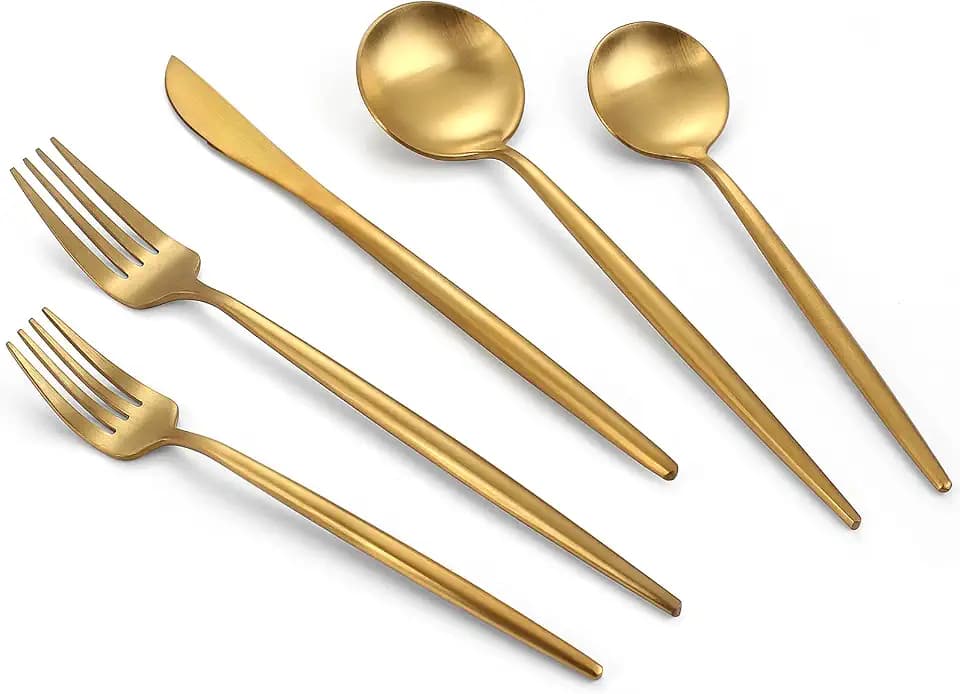 VANVRO Matte Gold Silverware Set, 40-Piece Stainless Steel Flatware Set, Tableware Cutlery Set Service for 8, Satin Finish Utensils Set, Knife Fork Spoon Set for Home and Restaurant, Dishwasher Safe