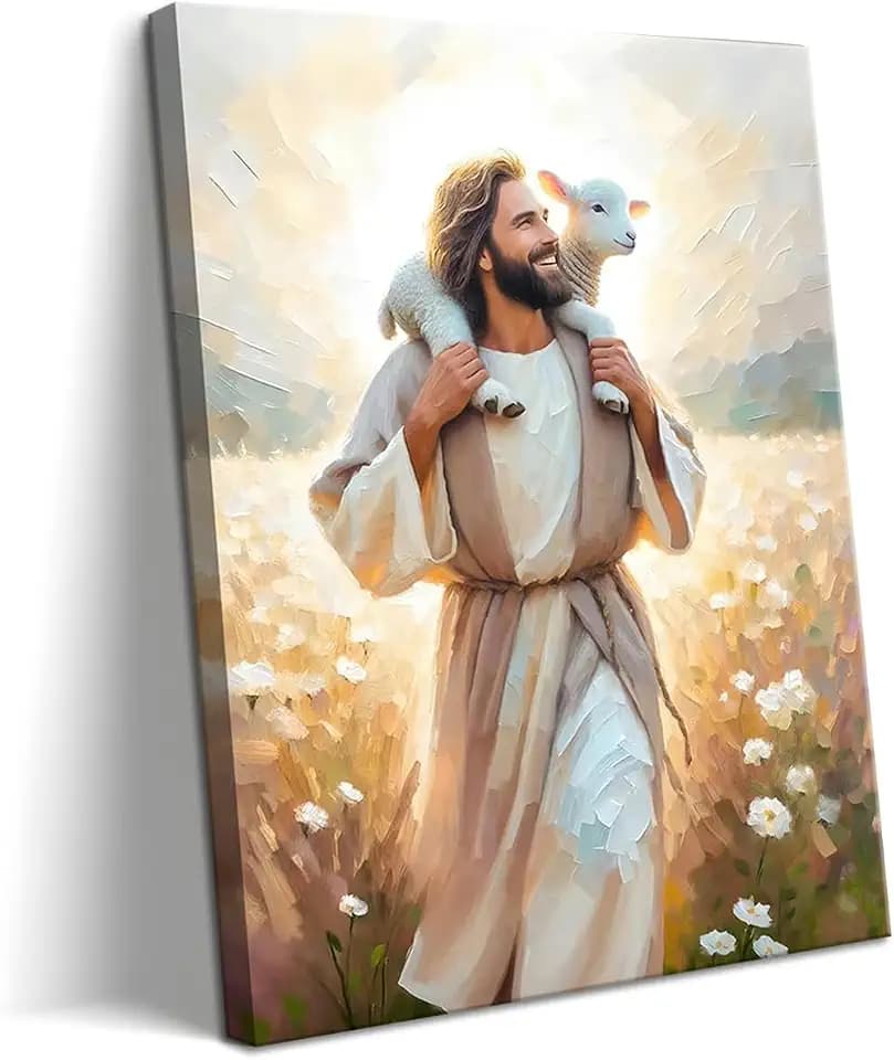 Jesus Canvas Wall Art Print – Christian Wall Decor Poster Painting of Jesus Carrying the Lamb, Inspirational Religious Decor for Living Room, Church or Prayer Room – 16"x24" Framed