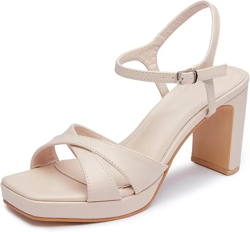 Platform Chunky Heels for Women - Square Open Toe Criss-Cross Strap Sandals with Ankle Buckle - Comfortable Dressy Shoes for Wedding, Party & Daily Wear