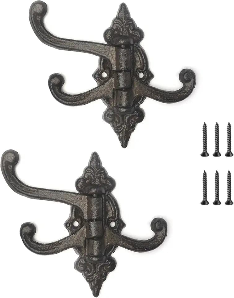 2PCS Vintage Cast Iron Wall Hooks Coat Rack Hooks Vintage Towel Hook Decorative Wall Hook Decorative Hooks Heavy Duty Coat Hooks 3 Swing Arm Swivel Coat Hook (Taper)