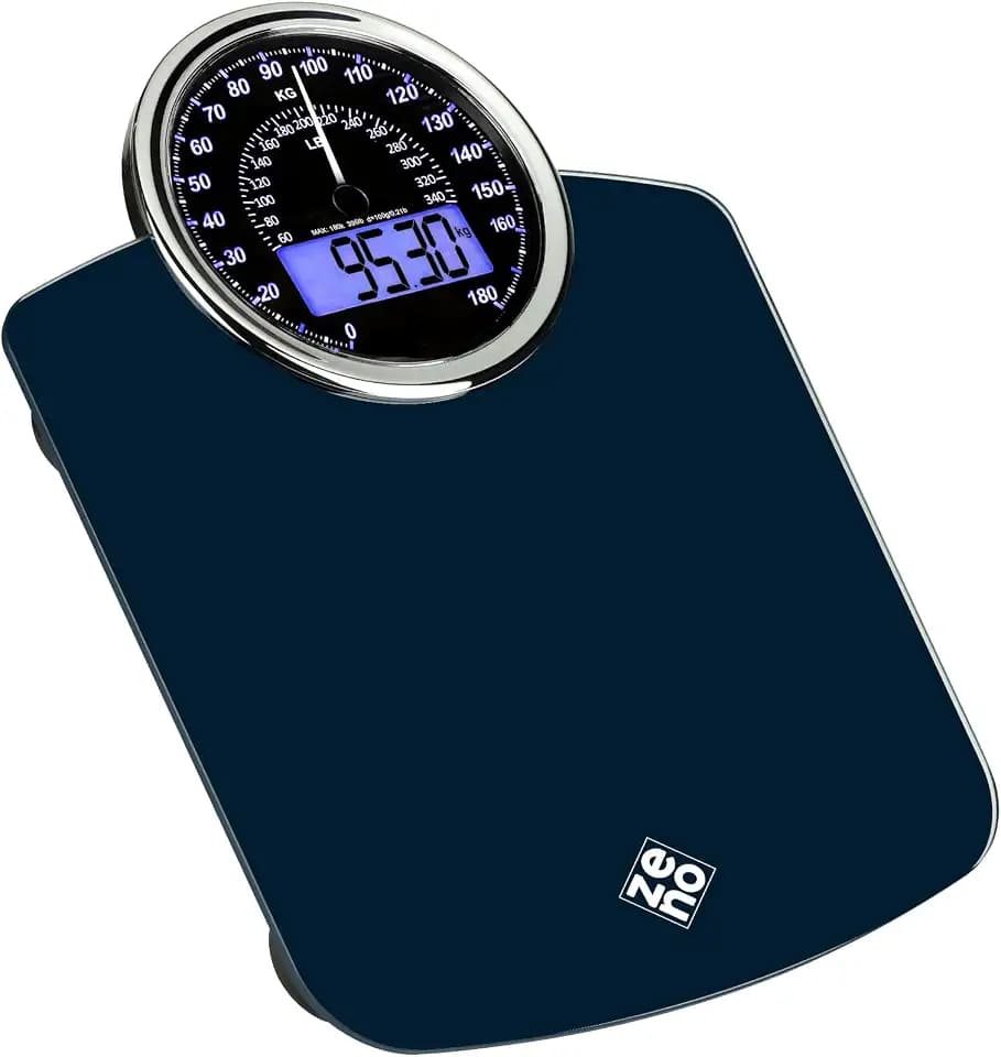 ZENO Hybrid 2-in-1 Digitale & Analoge Körperwaage bis 180 kg - Dickes Hartglas - Extra Große Anzeige - Einfach Ablesbare Digitale Personenwaage - NEU - Dunkelblau