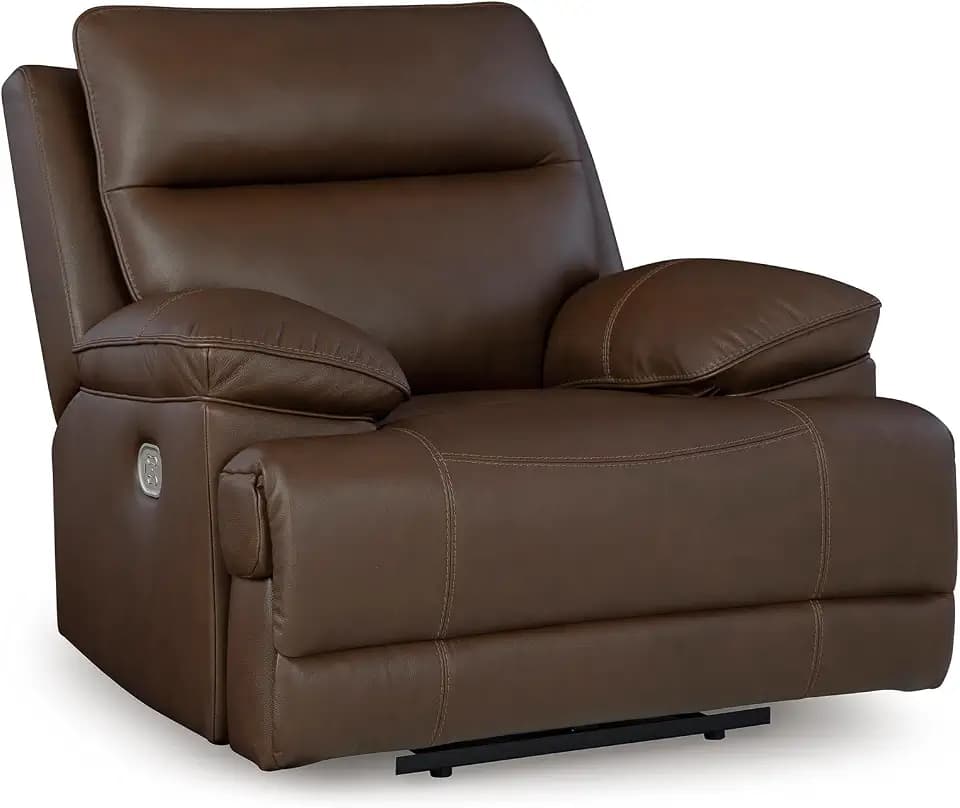 Signature Design by Ashley VonRyan Power Recliner, Zero Gravity Oversized Leather Recliner with Adjustable Headrest, Living Room Chair with USB Port, Tobacco Brown
