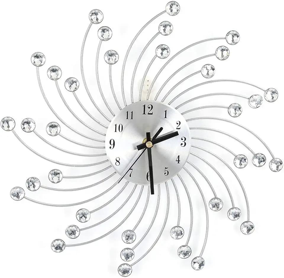 Pissente Modern 3D Crystal Wall Clock, SilverStudded Wall Decor Clock Decorative Metal Wall Clock for Living Room Bedroom Office
