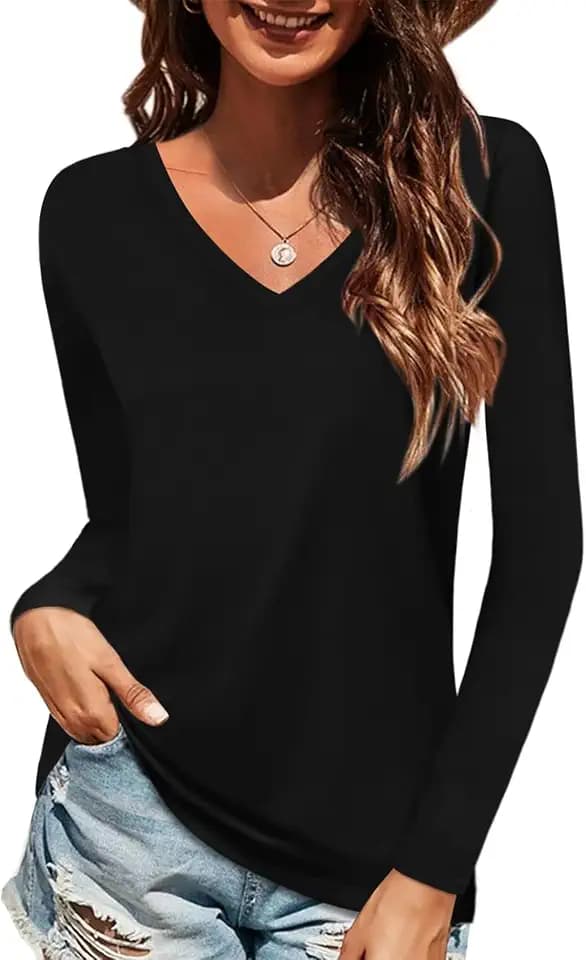 Elesomo Women's Cotton V Neck T Shirts Casual Long Sleeve Tops Basic Tees