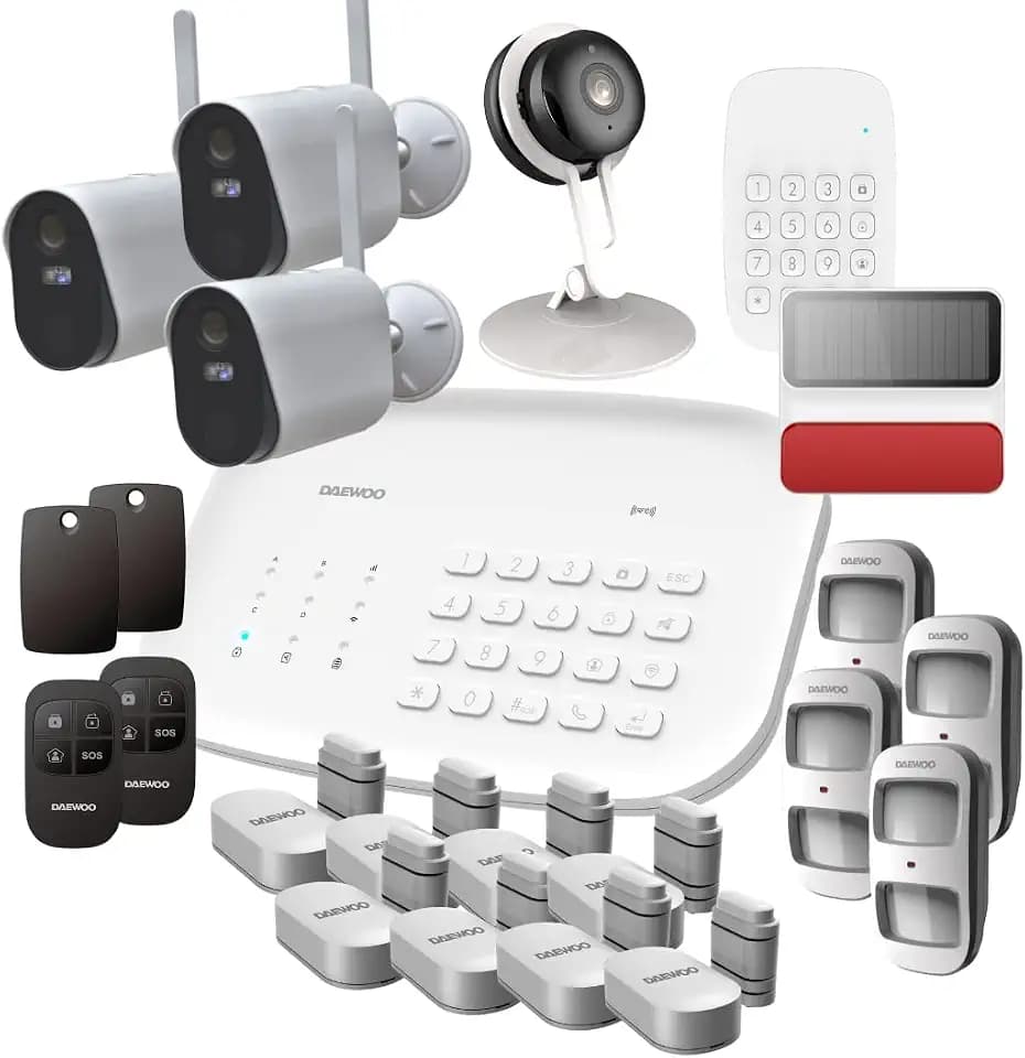 Daewoo Security SA667AM – Tierfreundlich, Alarmanlage, kabellos, WiFi/GSM, Fernbedienung, Außensirene, 4 Kameras, kompatibel mit Amazon Alexa, Google Home