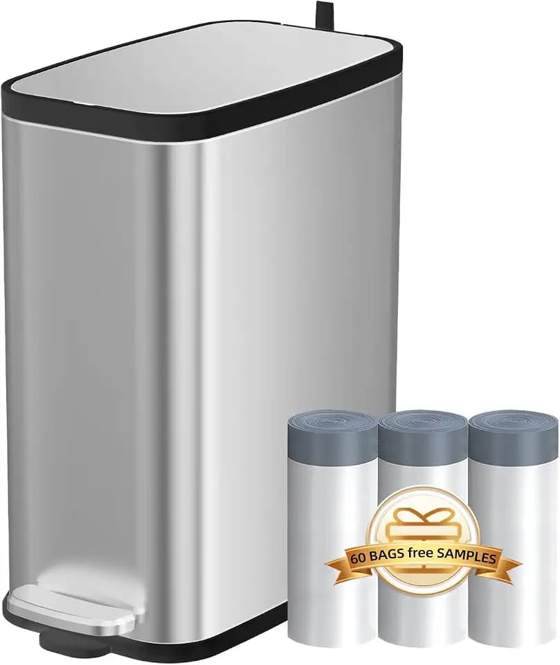 KdbK Stainless Steel Bathroom Trash Can with Lid Soft Close,1.6 Gallon Slim Garbage can,Small Metal Step Wastebasket for Office, Bedroom, Toilet, Live Room