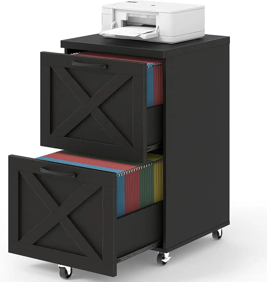 Halitaa Farmhouse 2 Drawer Small File Cabinet with Wheels, Rustic Black