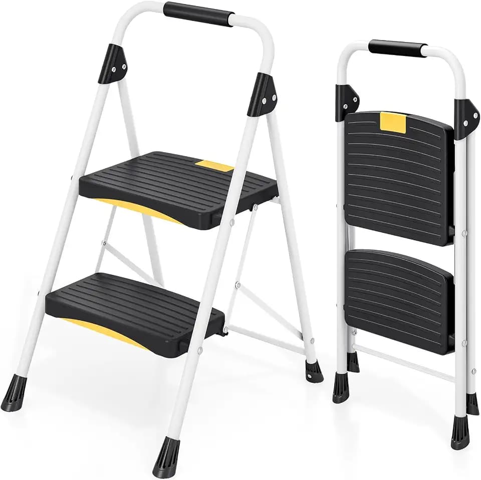 Urackify 2 Step Ladder for Home,Folding Step Stool for Adults,800LBS,White