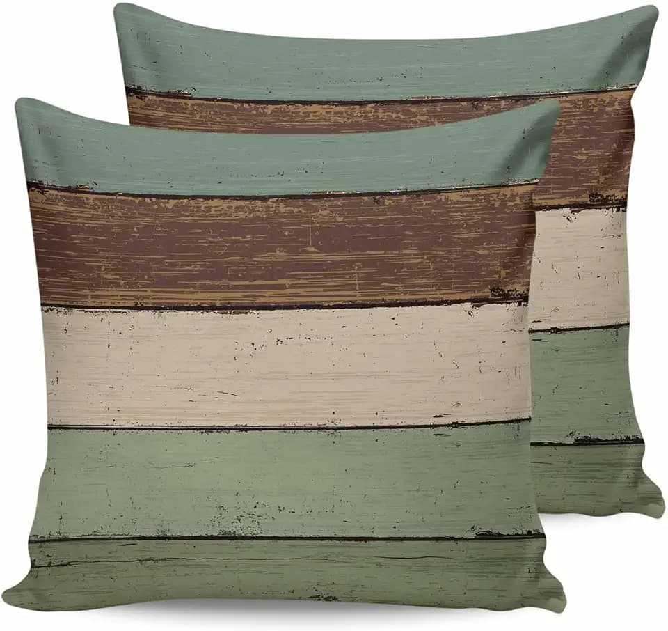 T&H XHome Throw Pillow Covers 18 x 18 Inches Set of 2 Vintage Sage Green Brown Wood Grain Farm Farmhouse Decorations Cushion Cover Zippered Square Pillowcase for Bedroom Living Room Sofa Couch