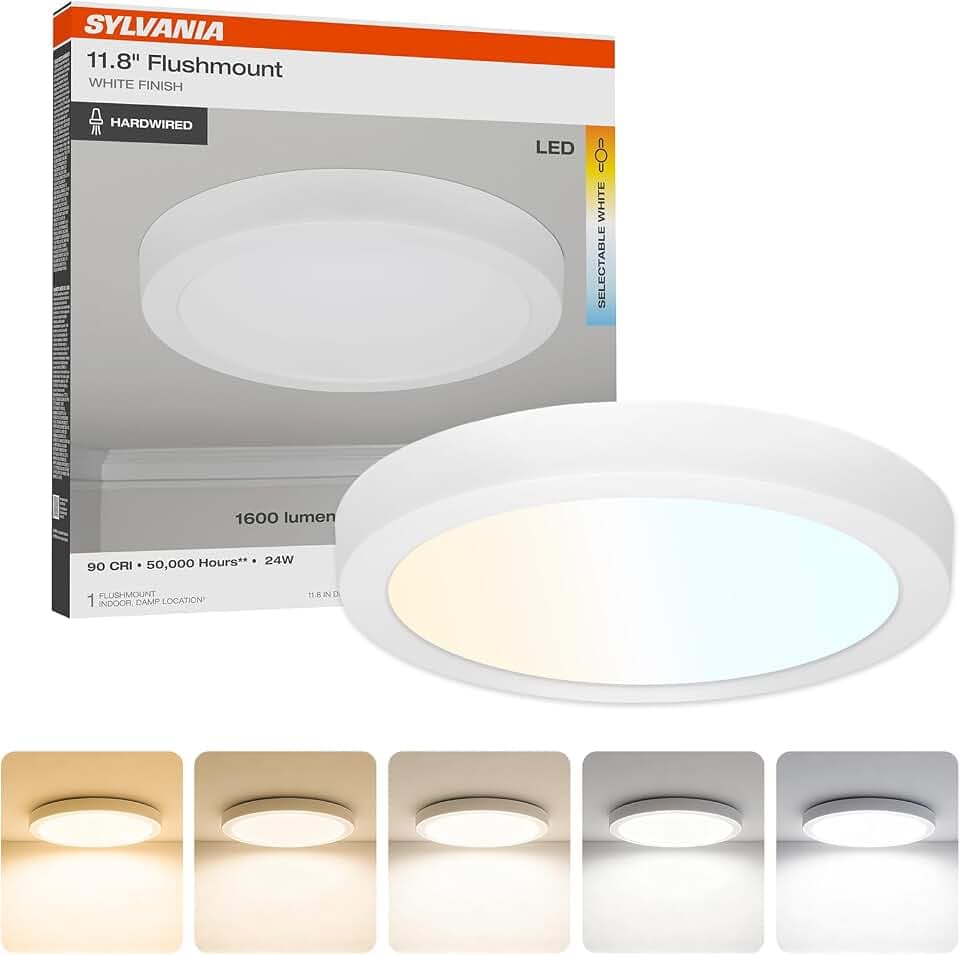 Sylvania 12" LED Flush Mount Ceiling Light Fixture, 24W, 5 Color Select (2700K - 5000K), 1600 LMS, Hardwired, White, LED Lights for Bedroom Kitchen Hallway Porch - 1 Pack (66462)