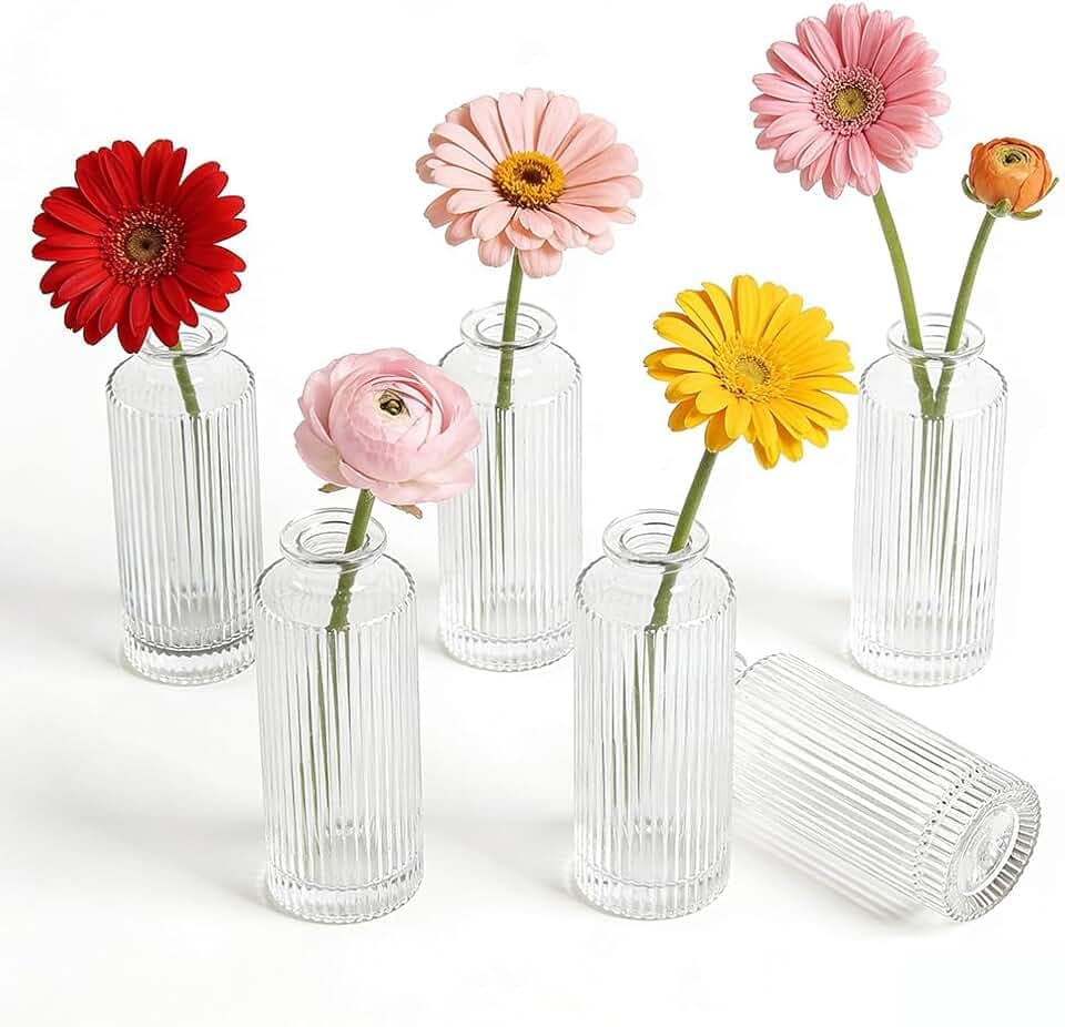 6 Pack Glass Bud Vase Set, Small Flower Vase Set Bud Vases for Wedding Centerpiece Table Decor, Vintage Small Vases for Room Home Dining Party Table Center Decor (Clear Set, 6 Pack)