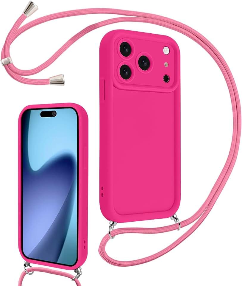 Coalbooliy Handyband Kompatibel mit iPhone 18 Pro/17 Pro Hülle 6,3" mit Band Kette, Handyhülle Weiches Silikon Necklace e Schutzhülle mit Kordel zum Umhängen Cover für Mädchen Frauen, Rosenrot