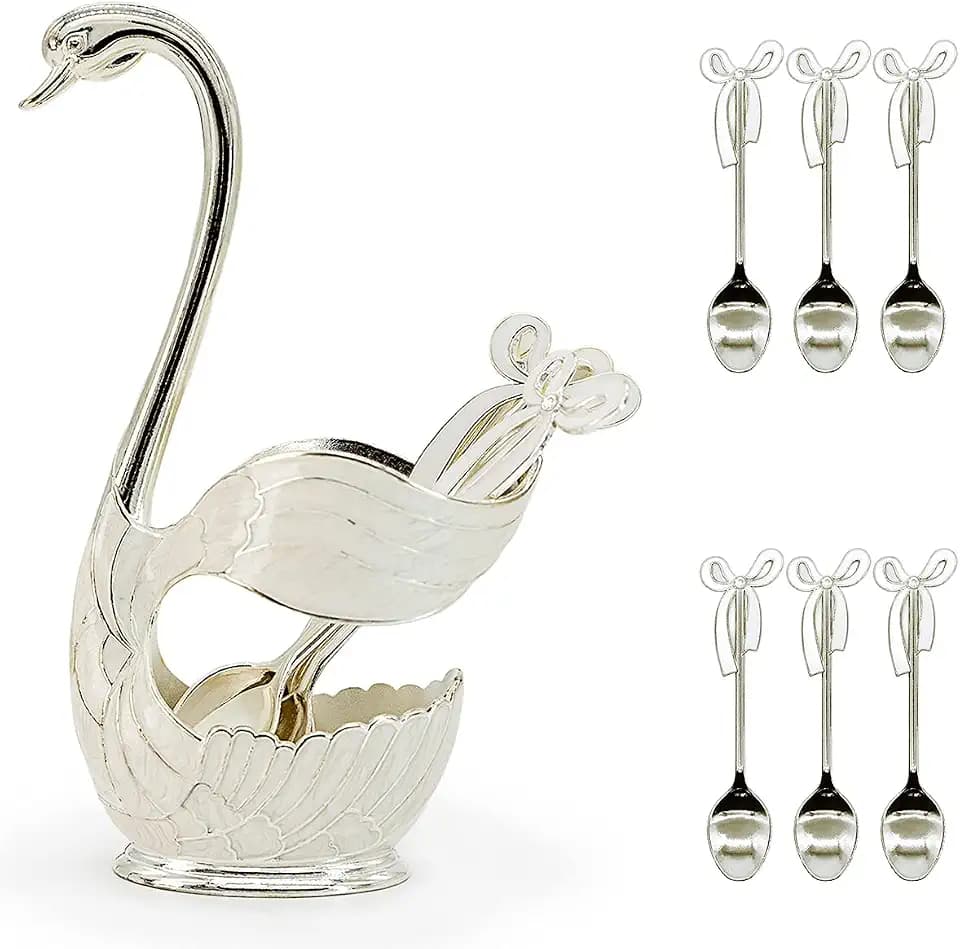 Swan Coffee Spoon Set with Holder 6Pcs Tea Spoons w/Swan Base Holder,Silver