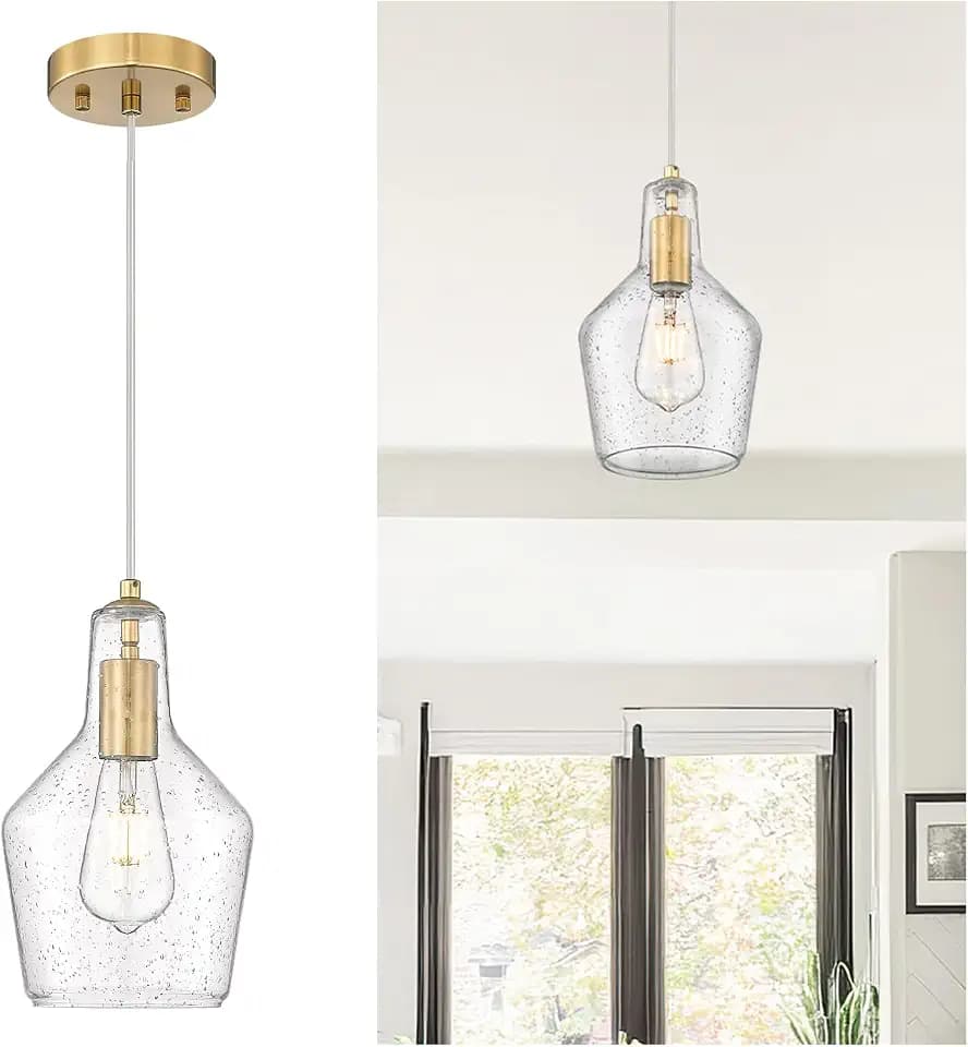 Emliviar 11 Inch Farmhouse Pendant Light Fixture, 1-Light Hanging Kitchen Lighting with Seeded Glass, Brushed Gold Finish, DYE286G2-MIL BG