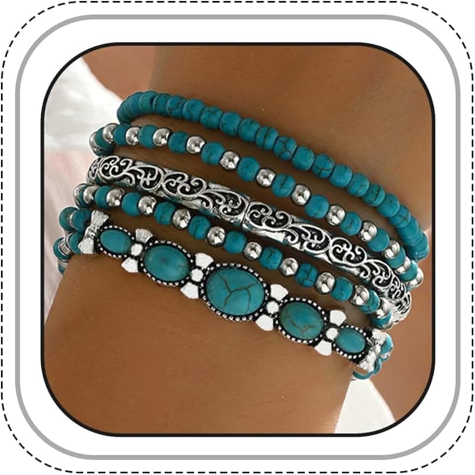 Western Bracelet for Women,Boho Turquoise Beaded Stackable Elastic Bracelets Set,Vintage Concert Country Cowboy Jewelry Accessories