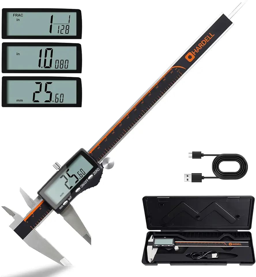 HARDELL Digitaler Messschieber 0–8 Zoll wiederaufladbar, digitales Caliper mit großem LCD Display, Zoll/mm/Bruch, Edelstahl, Auto-Off, elektronischer Messschieber, digitales Mikrometer