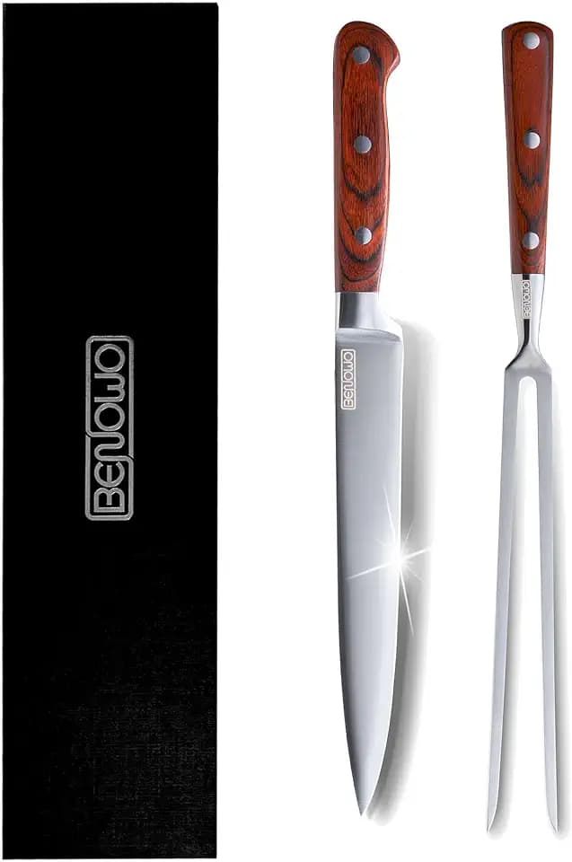 Benowo Carving Knife Set 2-Piece, 8-inch Turkey Carving Knife and Fork Set Stainless Steel Kitchen Knife for Steak, Hibachi Knife and Fork, BBQ Carving Fork with Gift Box – Designed in USA