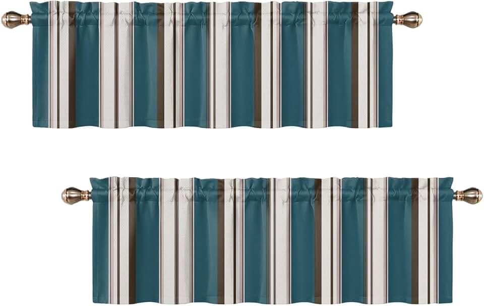 Teal Blue Brown Striped Valances for Windows 42" Wx12 L 2Panels