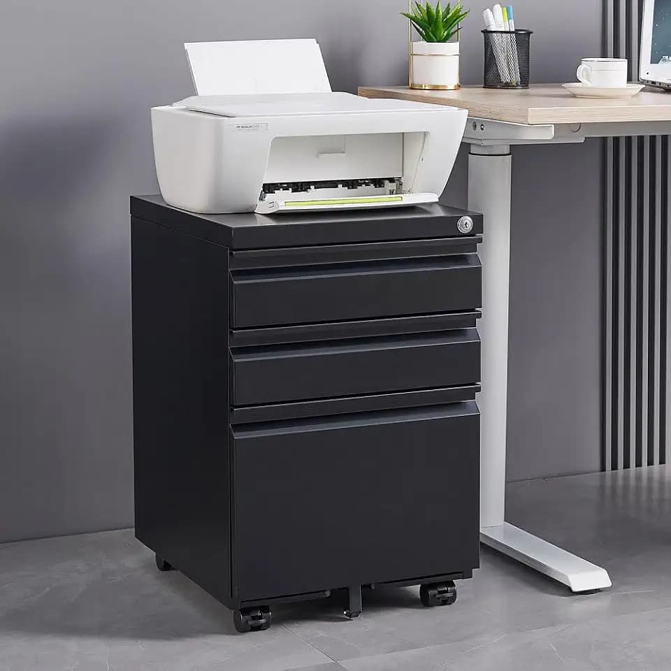 3-Drawer File Cabinet with Lock, Office Storage Filing Cabinet for Legal/Letter Size, Pre-Assembled Metal File Cabinet Except Wheels Under Desk(Black) 3-4 Drawers Modern W124770976