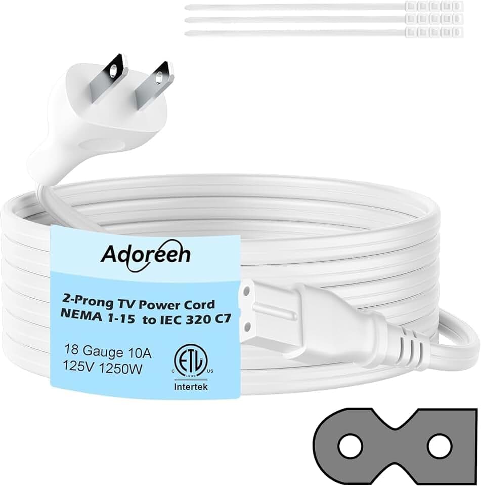 Adoreen 2-Prong Replacement Vizio LED TV Power Cord 20 Ft White, NEMA 1-15P to Polarized IEC 320 C7 AC Supply Wall Cable 2 Slot Flat for Sound Bar Smart HDTV -Bose Speaker-ETL +Ties