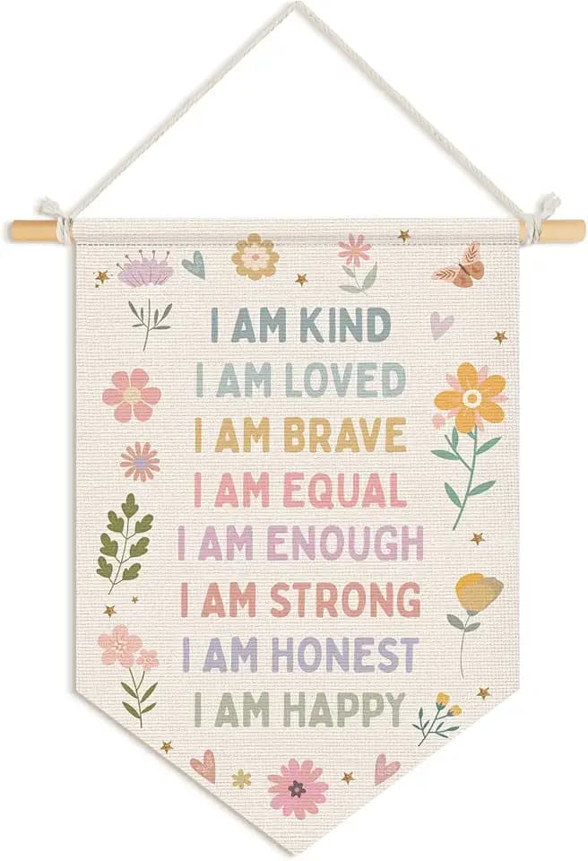 Wheatwin Positive Affirmations Wall Decor, Girl Nursery Decor, Pastel Floral Wall Hanging Pennant Flag Banner for Toddler Baby Girls Room Bedroom Dorm Playroom 15x11 Inch