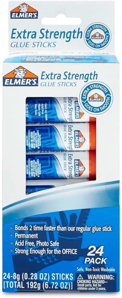 Elmer's Extra Strength Glue Sticks, Washable, 8 Grams, 24 Count - Poster, Vision Board, Back to School Supplies, #1 Teacher Brand