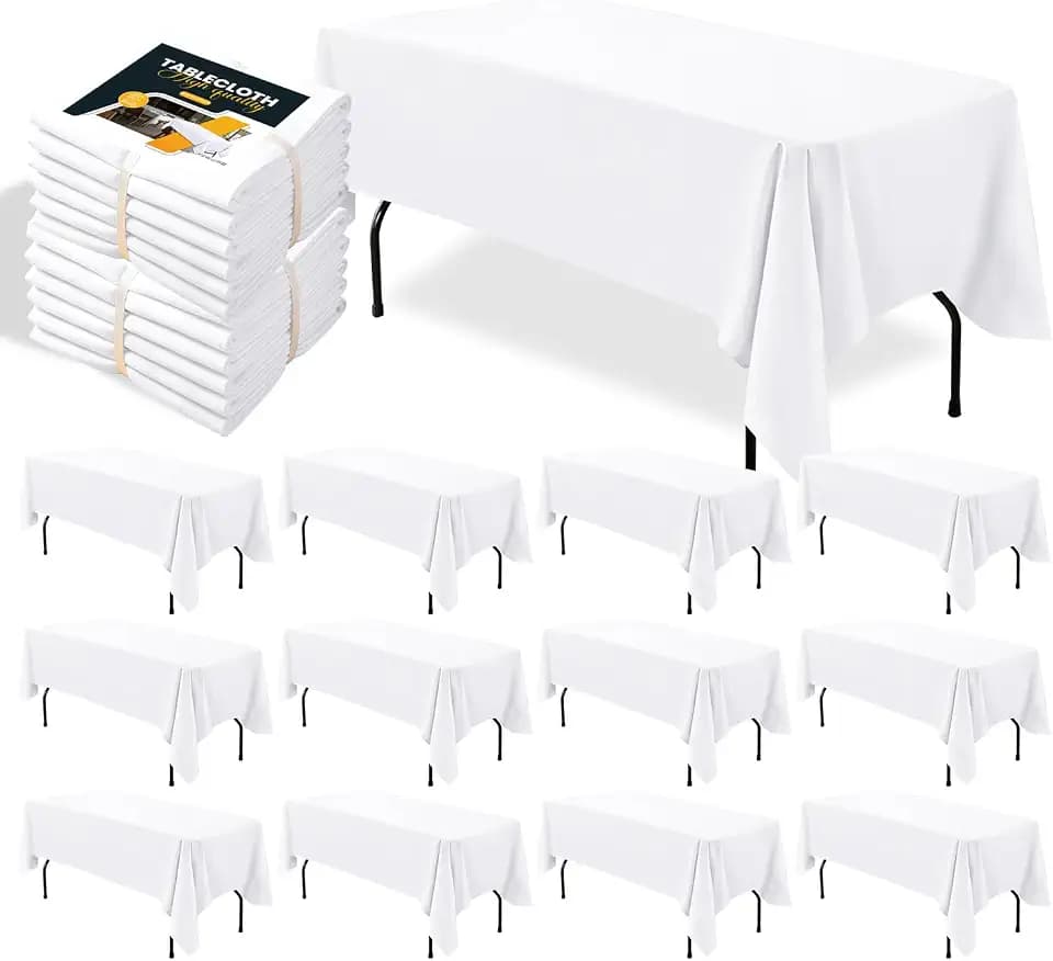 BIGTONE 12 Pack White Rectangle Tablecloth 60 x 102 Inch, Cross Ribbon Packing Reusable Table Clothes for 6 Foot Tables, Wrinkle Resistant Polyester Fabric Table Cover for Wedding, Party, Banquet