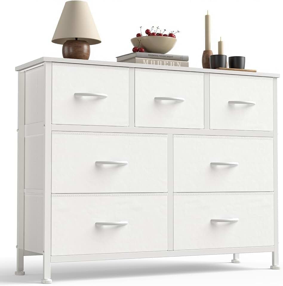 Sweetcrispy 7 Drawer Dresser for Bedroom Storage with Fabric Bins, White