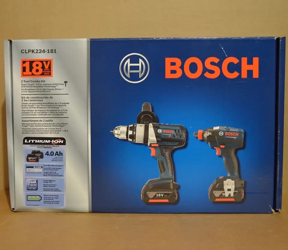 Bosch CLPK224-181 18-volt Lithium-Ion 2-Tool Combo Kit with 1/2-Inch Hammer Drill/Driver, Impact Driver, 2 Batteries, Charger and Contractor Bag