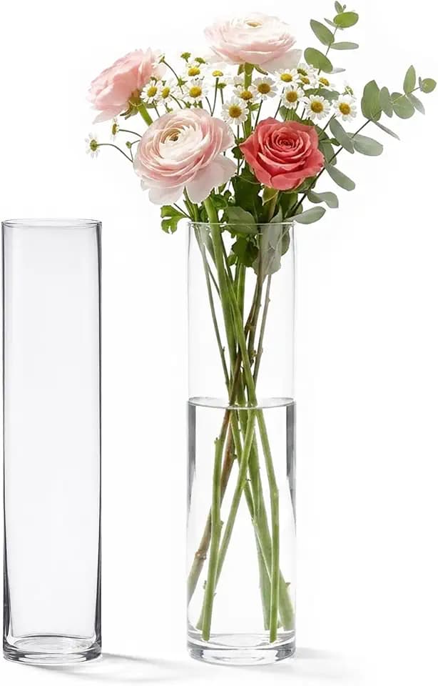 16" Tall Cylinder Glass Vase, 3.5" Wide - Clear Glass Vase for Centerpiece, Floor Vase, Flowers, Candle Holder, Wedding Table Decor by 4E's Novelty