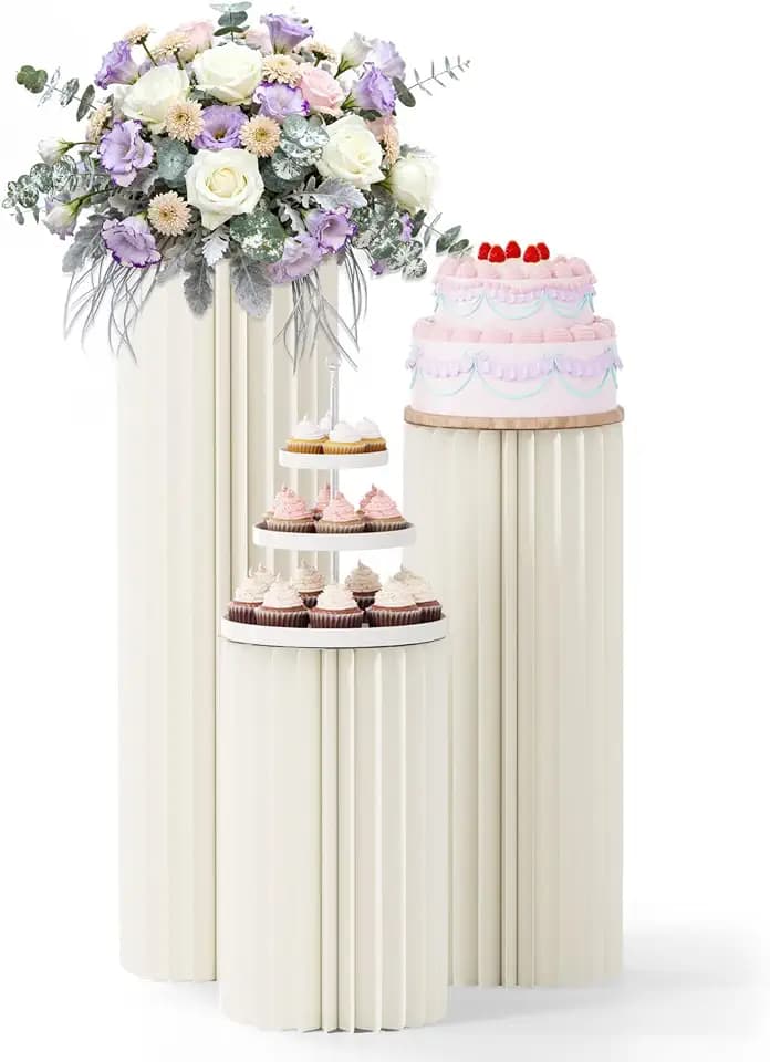 3 Pack Cylinder Stands for Party, Round Cake Pedestal Stands Foldable Buffet Food Risers White Cardboard Cylinder Stands with Acrylic Plates Centerpiece Cake Pedestal Stand for Birthday Wedding Table (3PCS-H468)