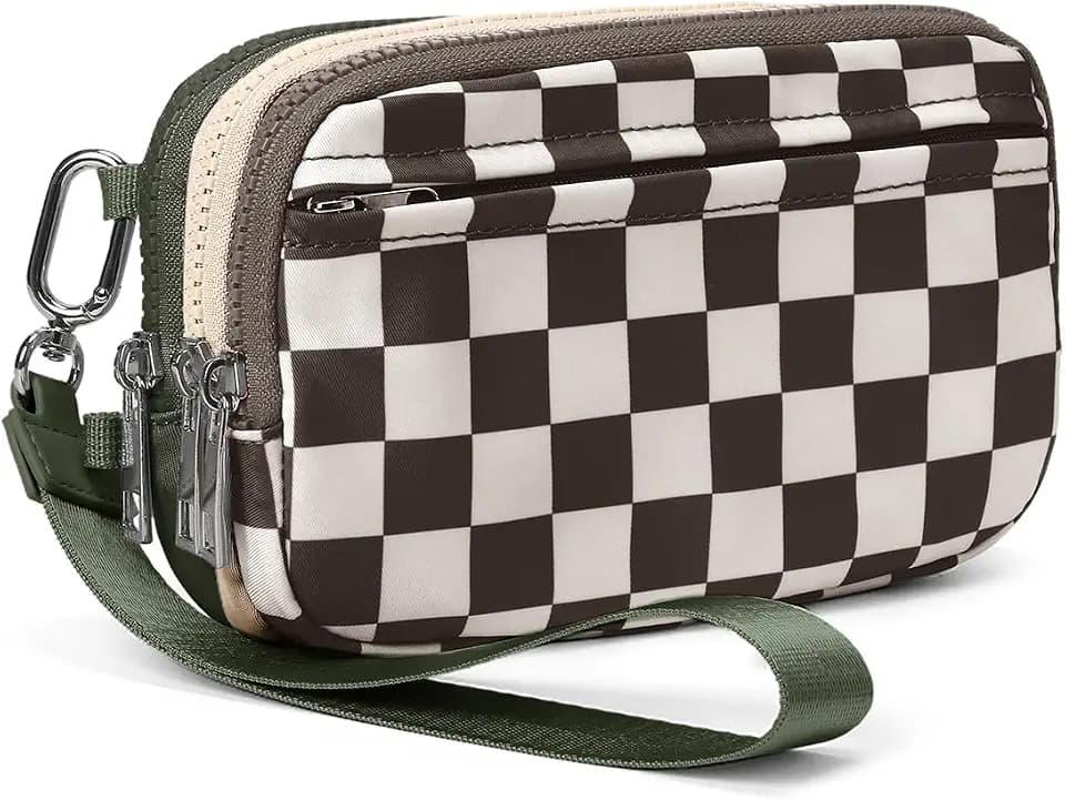 Checkered Wristlet Wallet for Women Tri-tone Cute Nylon Wristlet Purse with 5 zippers and ID Window Credit Card Holder