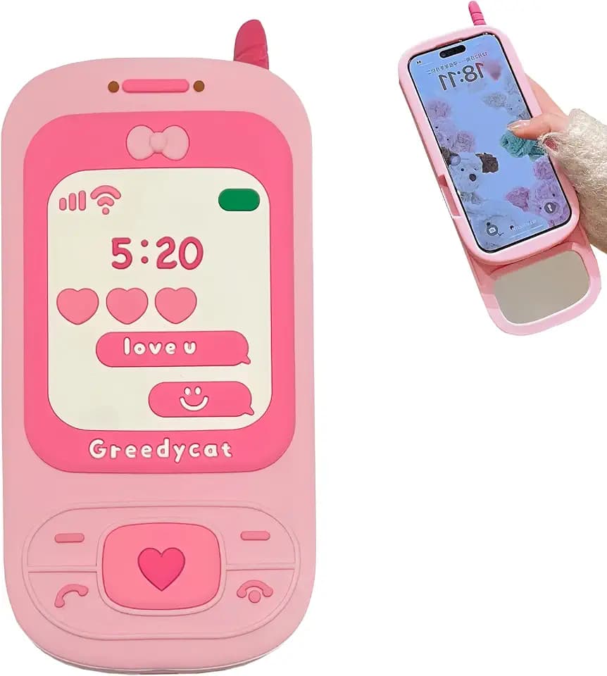 Mirror Case Compatible with iPhone 16 Pro Max,Cute Kawaii 3D Cartoon Retro Phone Cover Fun Soft Rubber Shockproof Protector for Women Girls-Push and Pull Pink