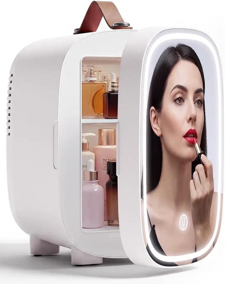Mini Fridge for Bedroom, 4 Liter/6 Can Skincare Fridge With LED Mirror & Leather Carrying Handle, AC/DC Cooler & Warmer Portable Small Refrigerator for Drinks, Makeup, Dorm, Office and Car(White)