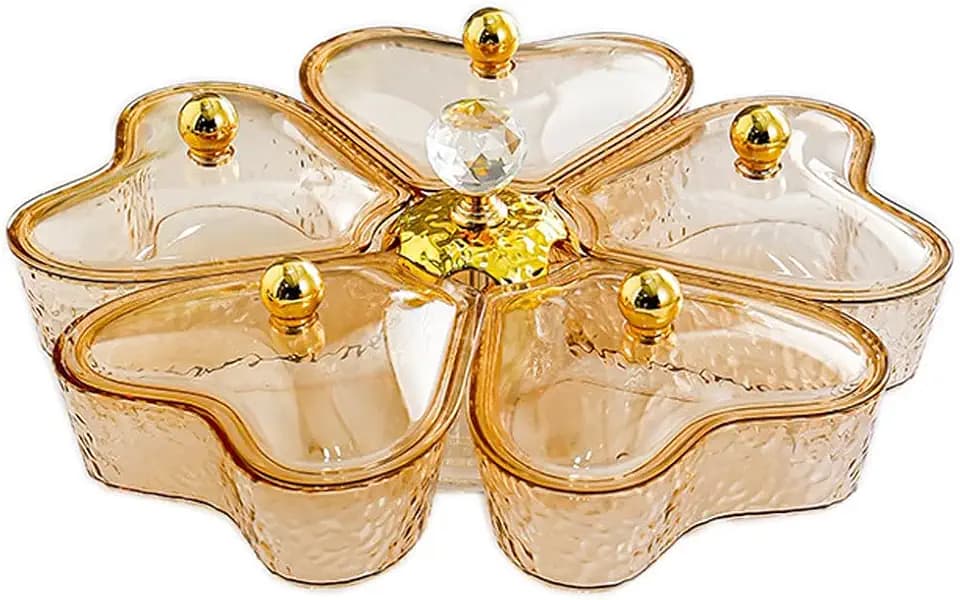 Divided Rotating Serving Tray with Lid and Handle, Portable 5 Compartments Snackle Box for Fruits, Candy, Snacks, Veggie, Nuts, Snack Spinner Organizer, Gold,11.2" L