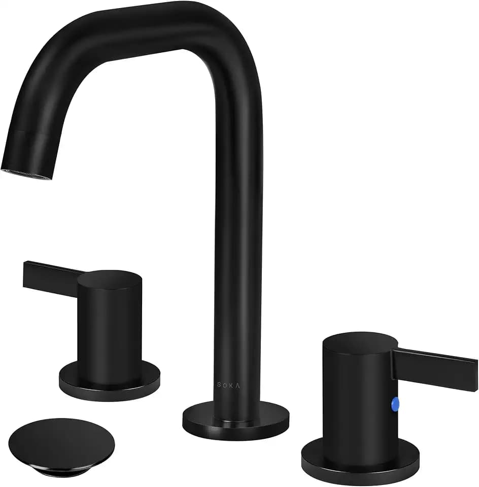 SOKA 8-16 Inch Widespread Bathroom Faucet 2 Handles Matte Black Commercial Sink Touch 3 Pieces Vanity Lavatory 360 Degree Rotating Faucet Pop Up Drain Assembly