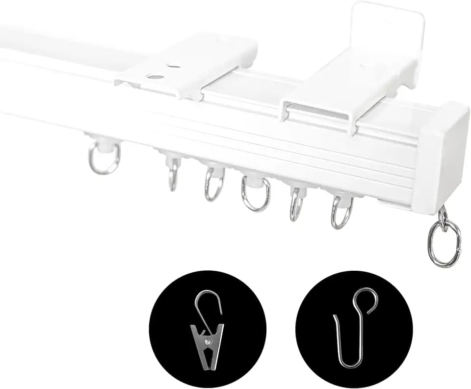 Ceiling Curtain Track, Ceiling Wall Mount Room Divider Curtains Track Rods Heavy Duty Ceiling Track Curtain Rail, RV Ceiling Track for Curtains with Rollers Hooks Clips for 9-12ft, White