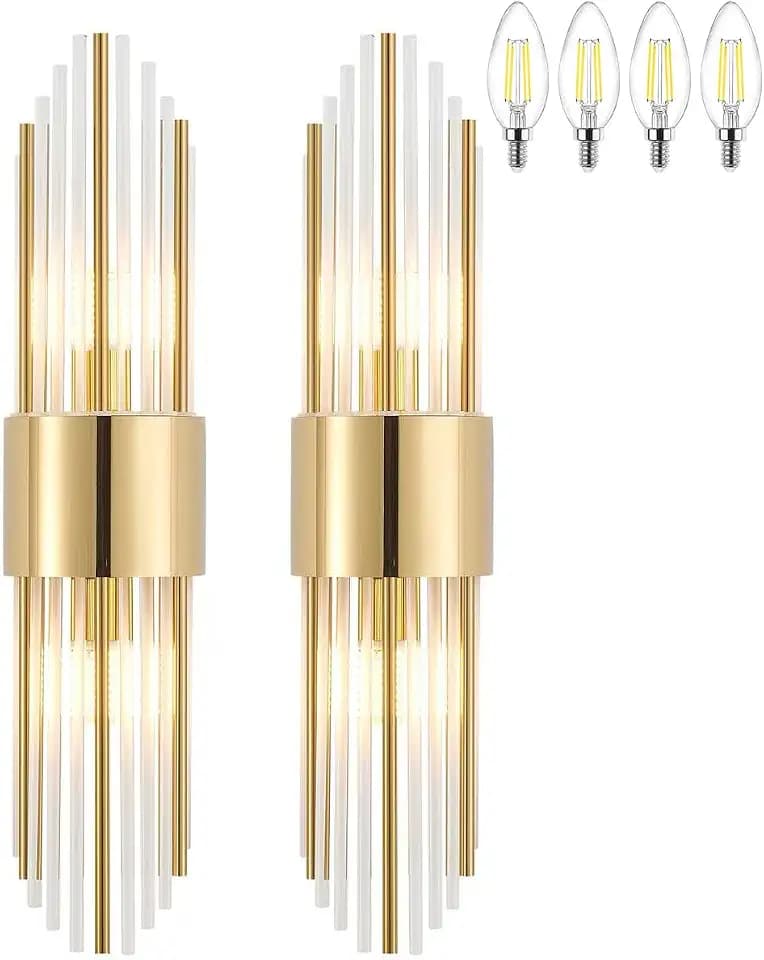 Gold Sconces Wall Set of 2, 2-Light Modern Brushed Titanium Gold Wall Sconce, Gold Vintage Crystal Wall Sconce, Modern wall sconces, for Living Room, Bathroom, Vanity, Staircase, Hallway