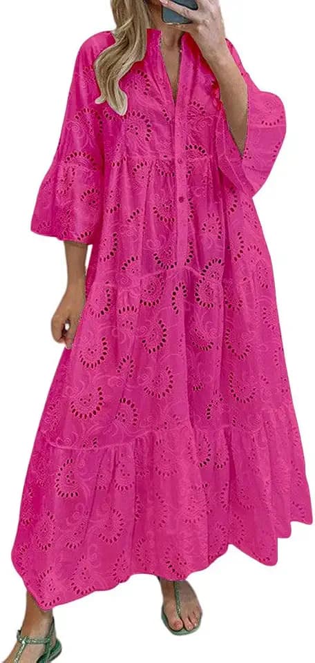 chouyatou Women's 2026 Lace Eyelet Embroidery Maxi Dress V-Neck Trumpet Sleeve Boho Flowy Swing Dress