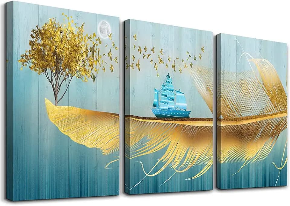 SERIMINO Wall Decor for Bedroom, Canvas Wall Art for Living Room, Modern Pictures, Golden Feather and Yellow Tree Paintings, Posters for Farmhouse, Prints for Office, 3 Pieces Set